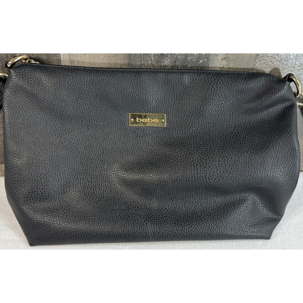 bebe Black Pebbled Faux Leather‎ Crossbody Bag Gold Logo Small Purse